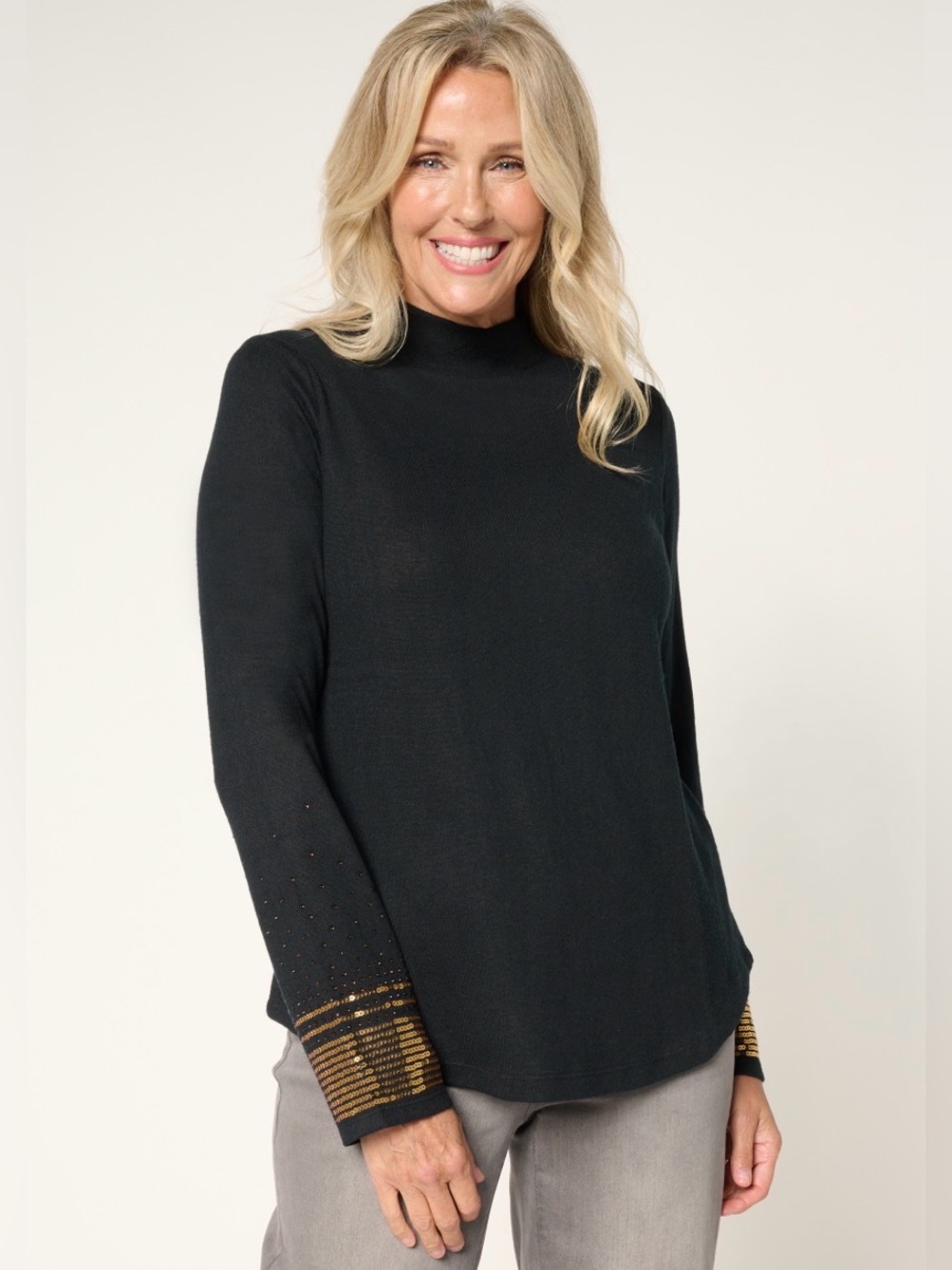 DG2 by Diane Gilman Mock Neck Embellished Sleeve Black Knit Top